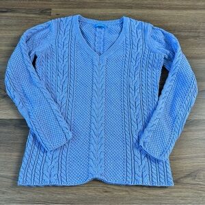 BURGESS Cable Knit Cashmere Blend Sweater Womens XS Blue V-neck Fisherman Cabin